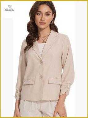 Linen Blend Blazer 3/4 Ruched Sleeves Lapel Collar Work Office Jacket